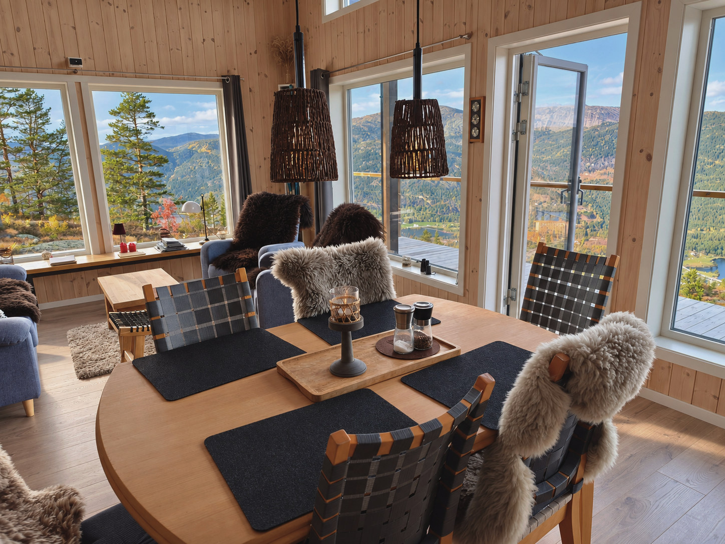 Wooden cabin interior with dining table